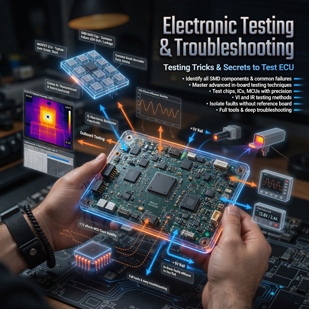 Electronic Testing & Troubleshooting – Testing Tricks & Secrets to Test ECU – Professional hands holding glowing ECU with holographic SMD components VI IR testing IC MCU fault isolation in-board techniques datasheets tools advanced troubleshooting without reference board

