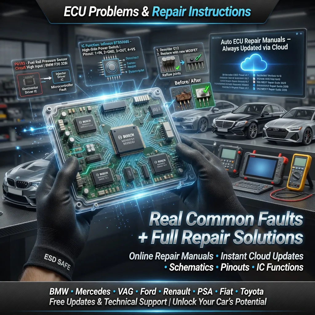 Professional mechanic hands holding glowing transparent ECU with holographic fault codes block diagrams and real repair instructions from Auto ECU Repair Manuals for BMW Mercedes VAG diesel petrol engines cloud-updated solutions


