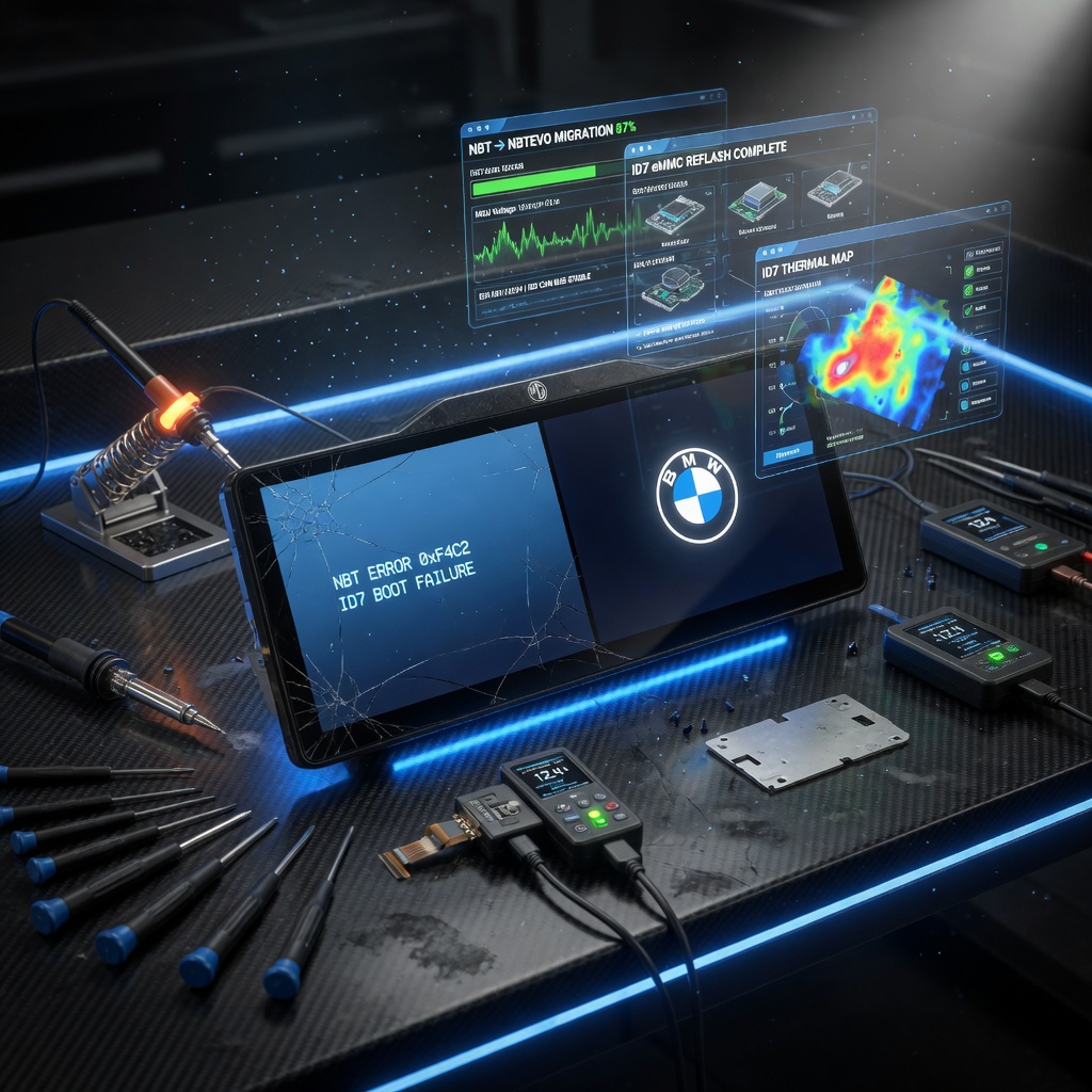 Ultra-realistic 8K 3D cinematic close-up of a glowing BMW MGU and ID7 headunit on a premium carbon-fiber workshop bench, floating holographic diagnostics for NBT NBTEVO MGU ID4-ID7 systems, black screen and blue screen errors transforming into perfect display, professional tools, dramatic BMW blue lighting, photorealistic commercial style, maximum eye-catching website banner