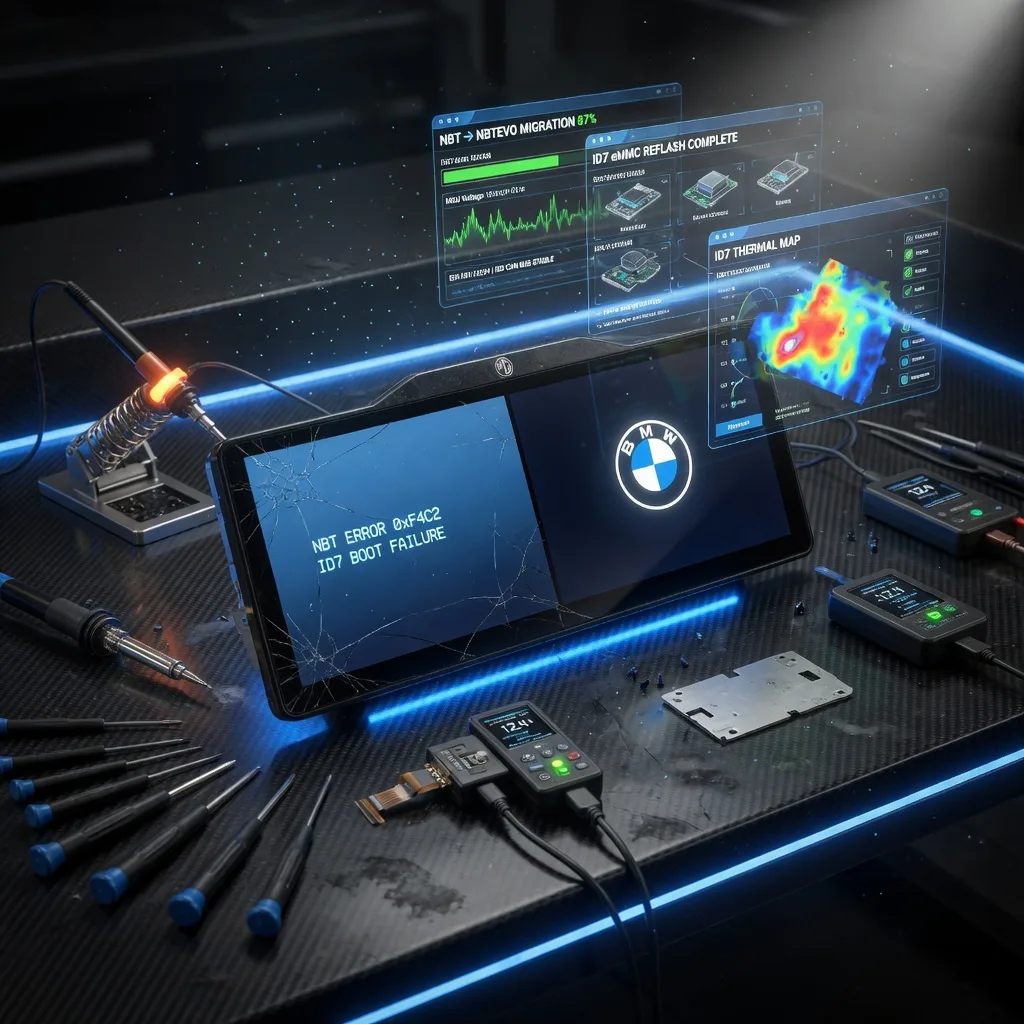 Ultra-realistic 8K 3D cinematic close-up of a glowing BMW MGU and ID7 headunit on a premium carbon-fiber workshop bench, floating holographic diagnostics for NBT NBTEVO MGU ID4-ID7 systems, black screen and blue screen errors transforming into perfect display, professional tools, dramatic BMW blue lighting, photorealistic commercial style, maximum eye-catching website banner