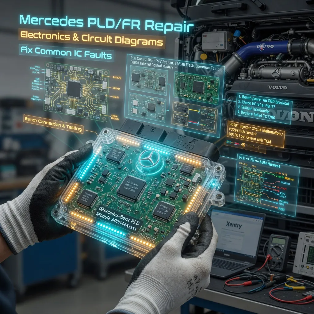 Professional mechanic hands holding glowing Mercedes PLD truck ECU with holographic circuit diagrams datasheets IC fault repairs bench testing and step-by-step instructions for FR ADM modules plus SCANIA MAN IVECO VOLVO

