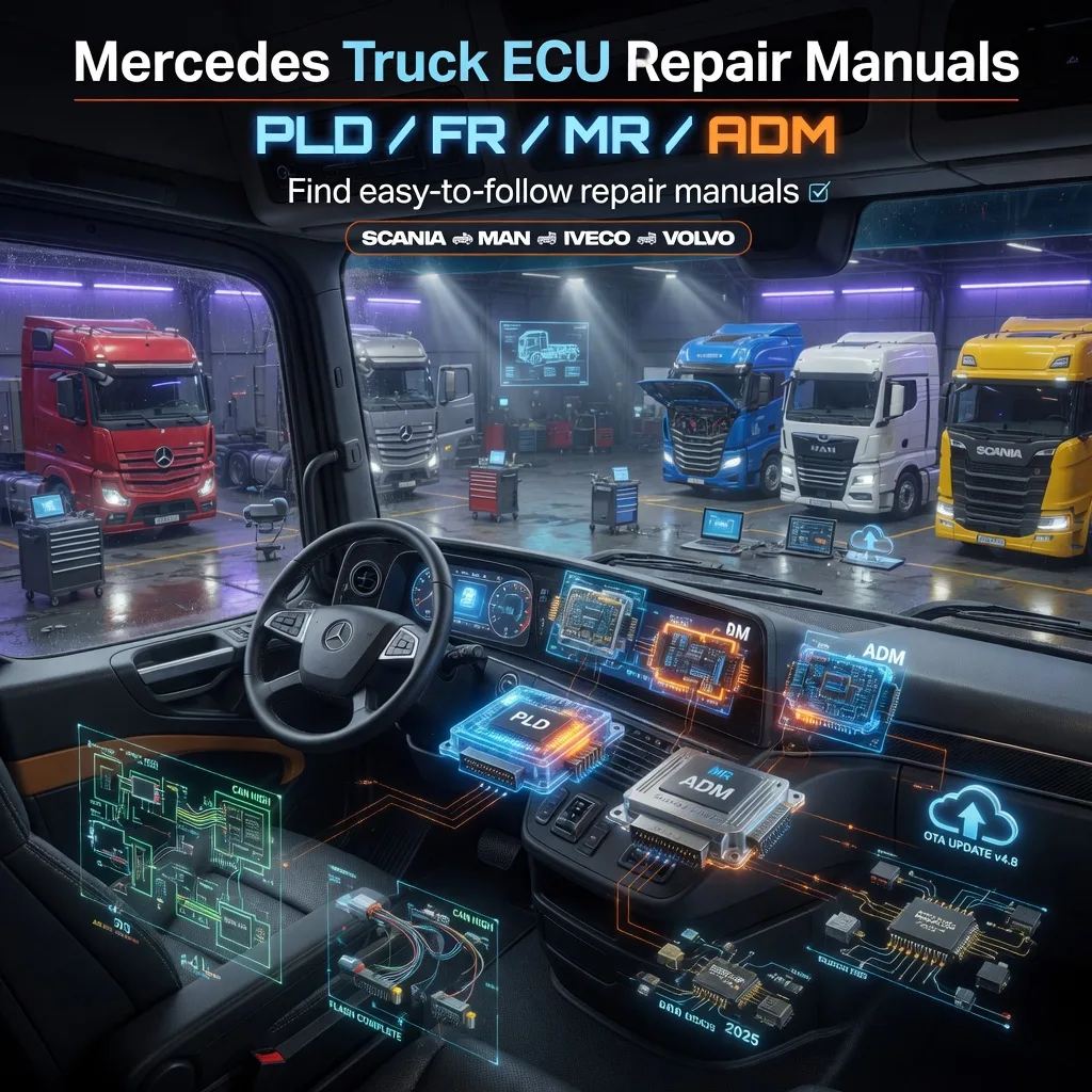 Mercedes Truck ECU Repair Manuals – Ultra-realistic 3D holographic PLD FR MR ADM modules in Actros cabin with easy-to-follow repair guides circuit diagrams SCANIA MAN IVECO VOLVO support cloud updates and technical support

