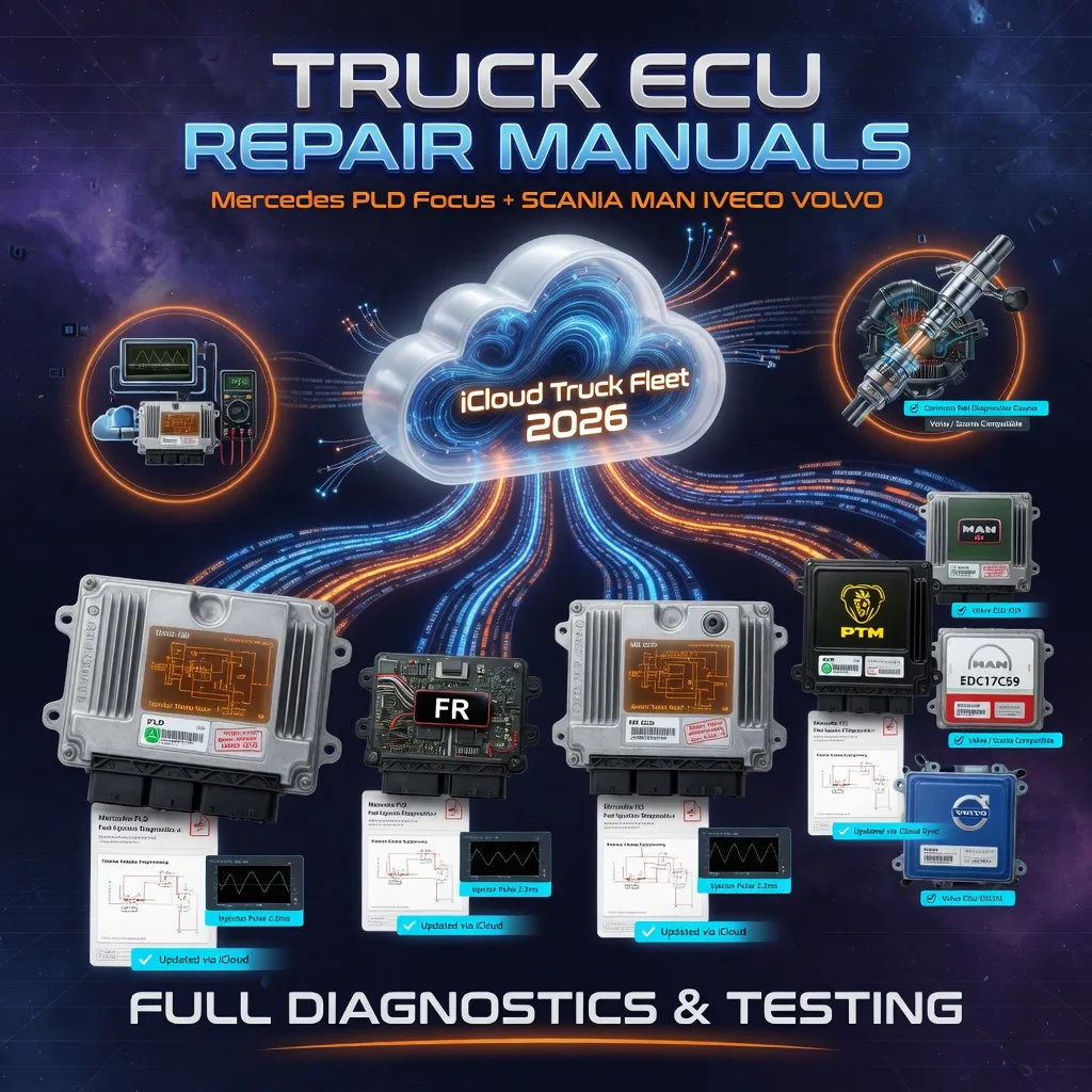 Truck ECU Repair Manuals cloud system with floating 3D Mercedes PLD FR MR ADM Scania MAN PTM Iveco Volvo modules showing full diagnostics bench connection testing fuel injection repair manuals and instant iCloud updates

