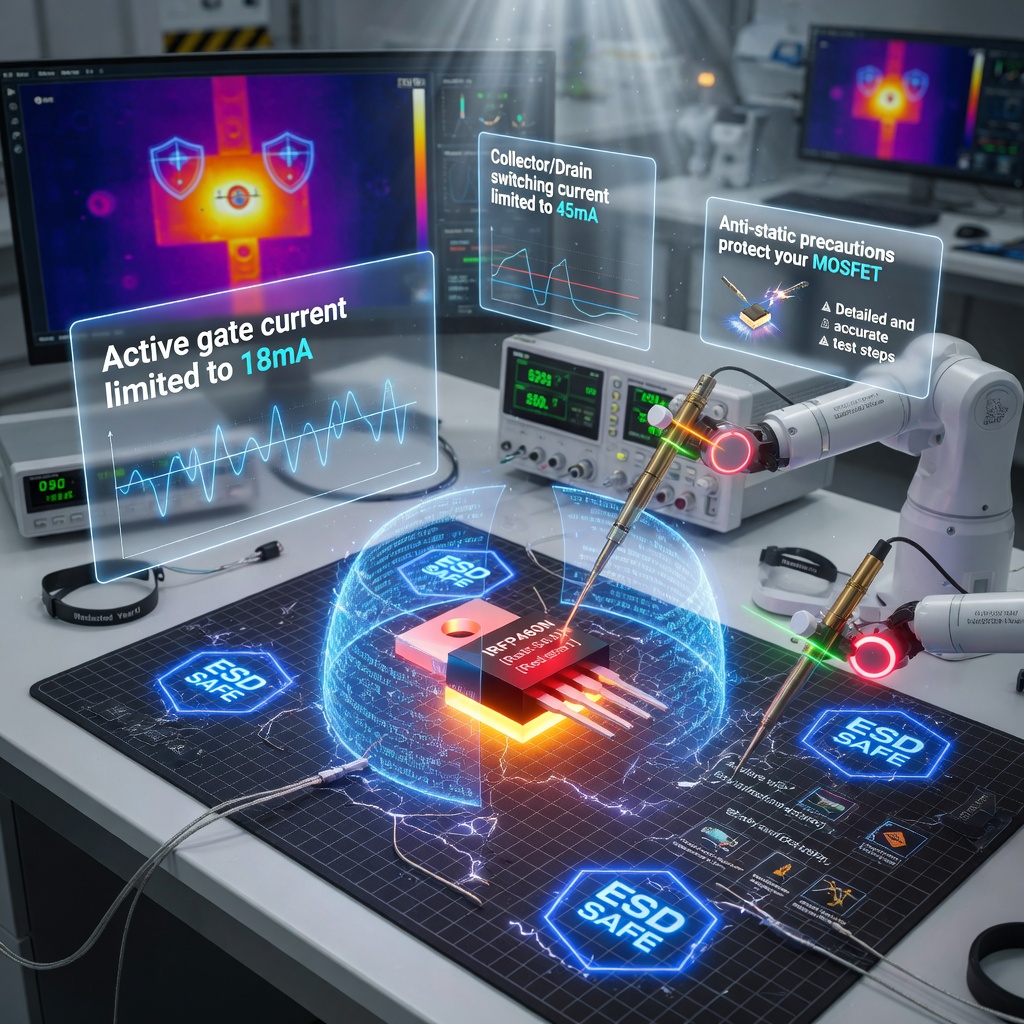 Hyper-realistic 3D cinematic render of a professional electronics testing lab workstation featuring a glowing ECU Device-Under-Test protected by blue anti-static fields, active gate current limited to 8mA, Collector/Drain switching current limited to 22mA, glowing ESD protection shields, precision probes, holographic accuracy displays showing up to 97% accuracy, dramatic studio lighting, ultra-sharp 8K details, eye-catching and 100% photorealistic pro-touch quality for website hero use in 2026
