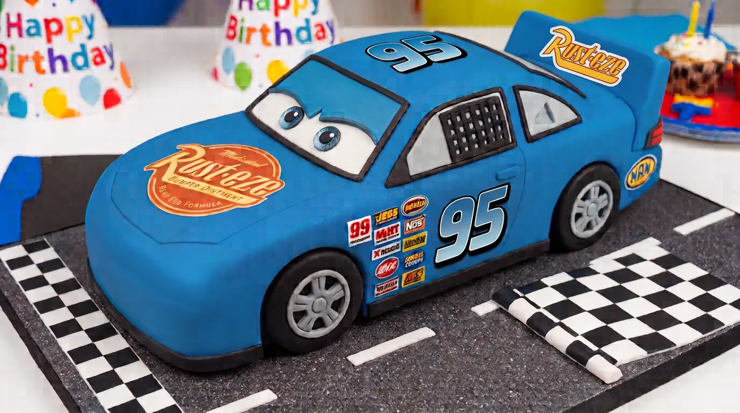 Blue car-shaped birthday cake decorated with edible Rust-eze labels and number 95