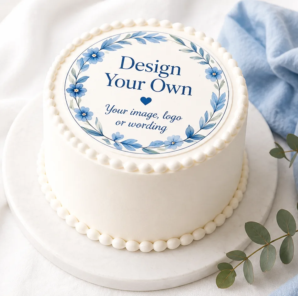 Personalised round edible cake topper featuring a custom photo and birthday message