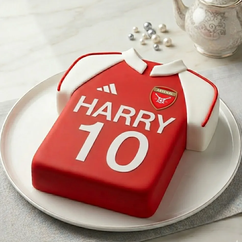 Red football shirt-shaped cake with an Arsenal-style badge, personalised with the name Harry and age 10.
