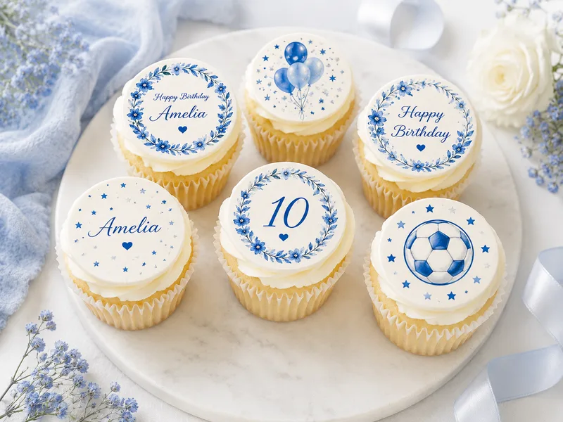Personalised round edible cupcake toppers featuring a custom photo and birthday message