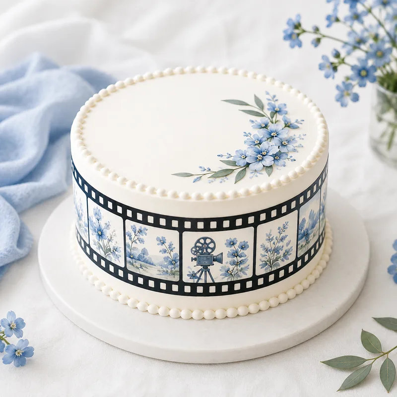 Personalised edible film reel cake wrap featuring multiple custom photos in black frames