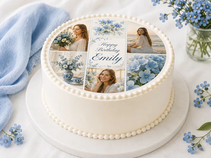 Personalised edible photo collage cake topper with multiple custom images and a birthday message