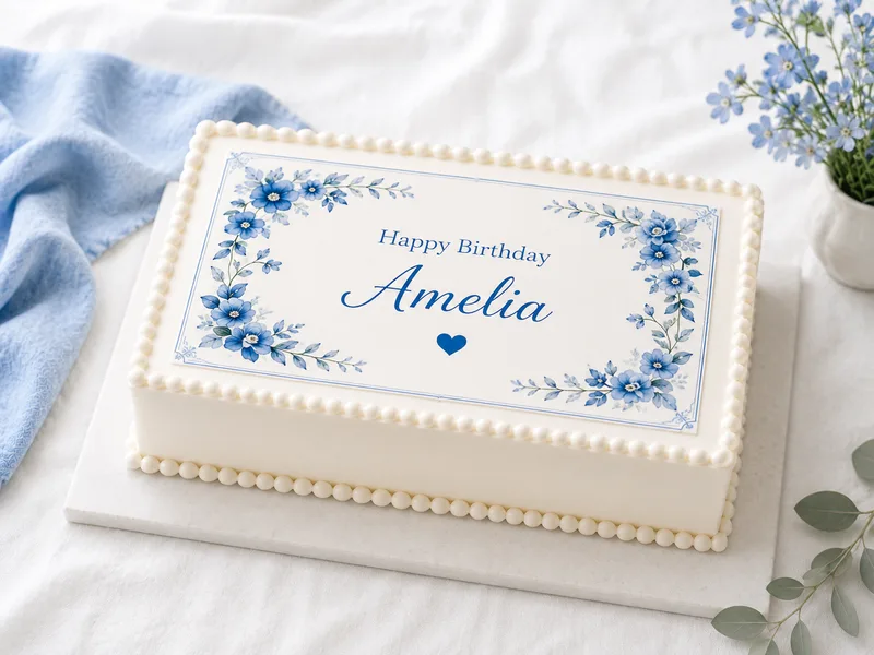 Personalised rectangular edible cake topper featuring a custom photo and birthday message
