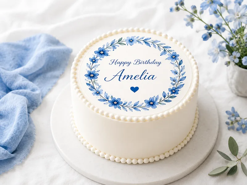 Personalised round edible cake topper featuring a custom photo and birthday message