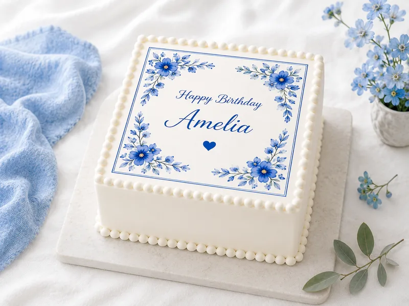 Personalised square edible cake topper featuring a custom photo and birthday message