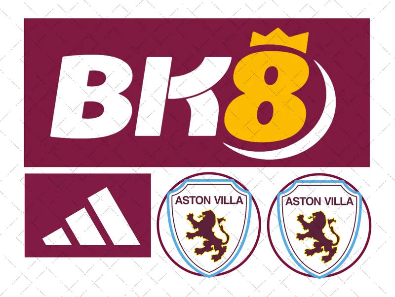 Design preview of an Aston Villa-themed edible football kit cake decorating set with club-style badge and sponsor-style logo pieces.