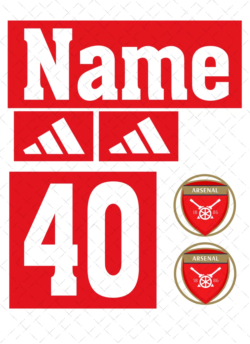 Design preview of an Arsenal edible cake decorating set with a name panel, age 40, sponsor logos and two club badges.