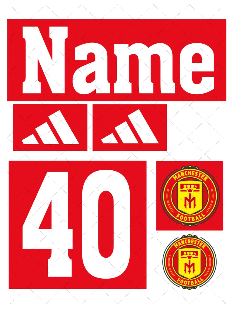 Design preview of a Manchester United-themed edible cake decorating set with a personalised name, age, sponsor-style logo and club-style badge.