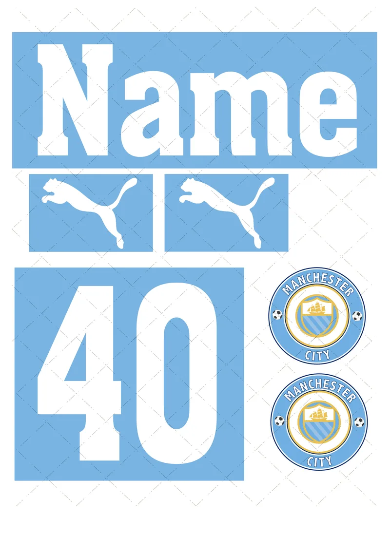 Design preview of a Manchester City-themed edible cake decorating set with a personalised name, age, sponsor-style logo and club-style badge.