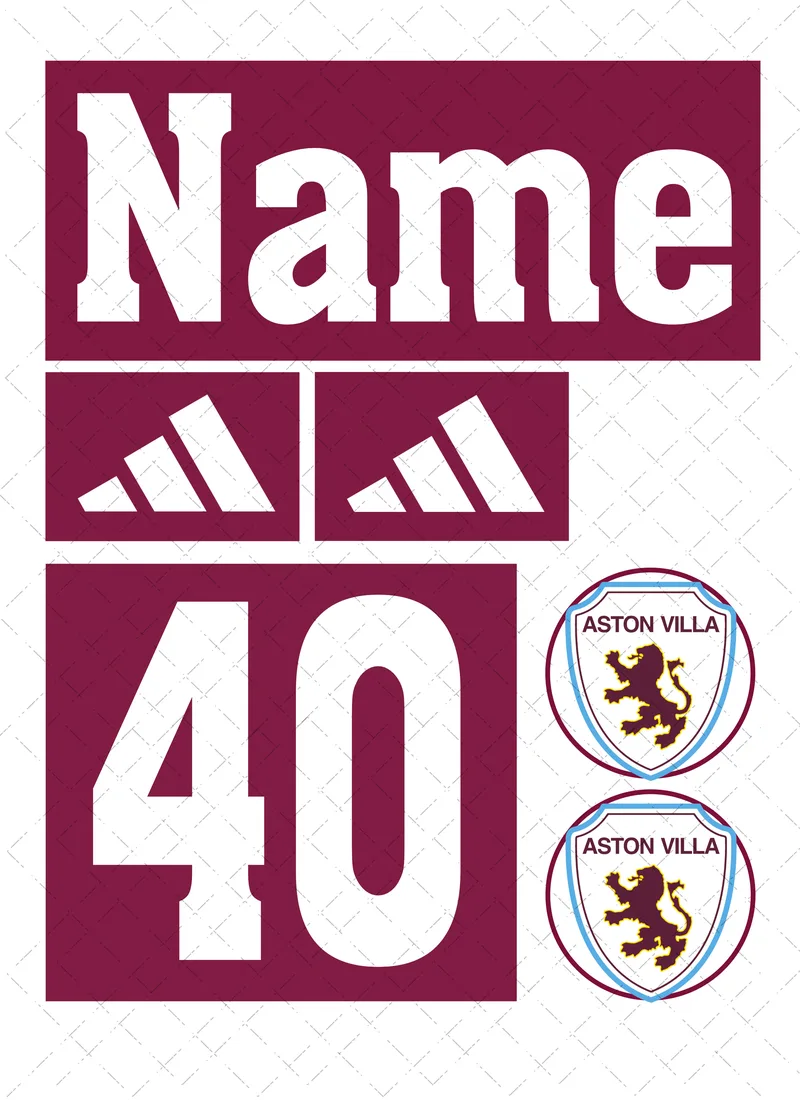 Design preview of an Aston Villa-themed edible cake decorating set with a personalised name, age, sponsor-style logo and club-style badge.