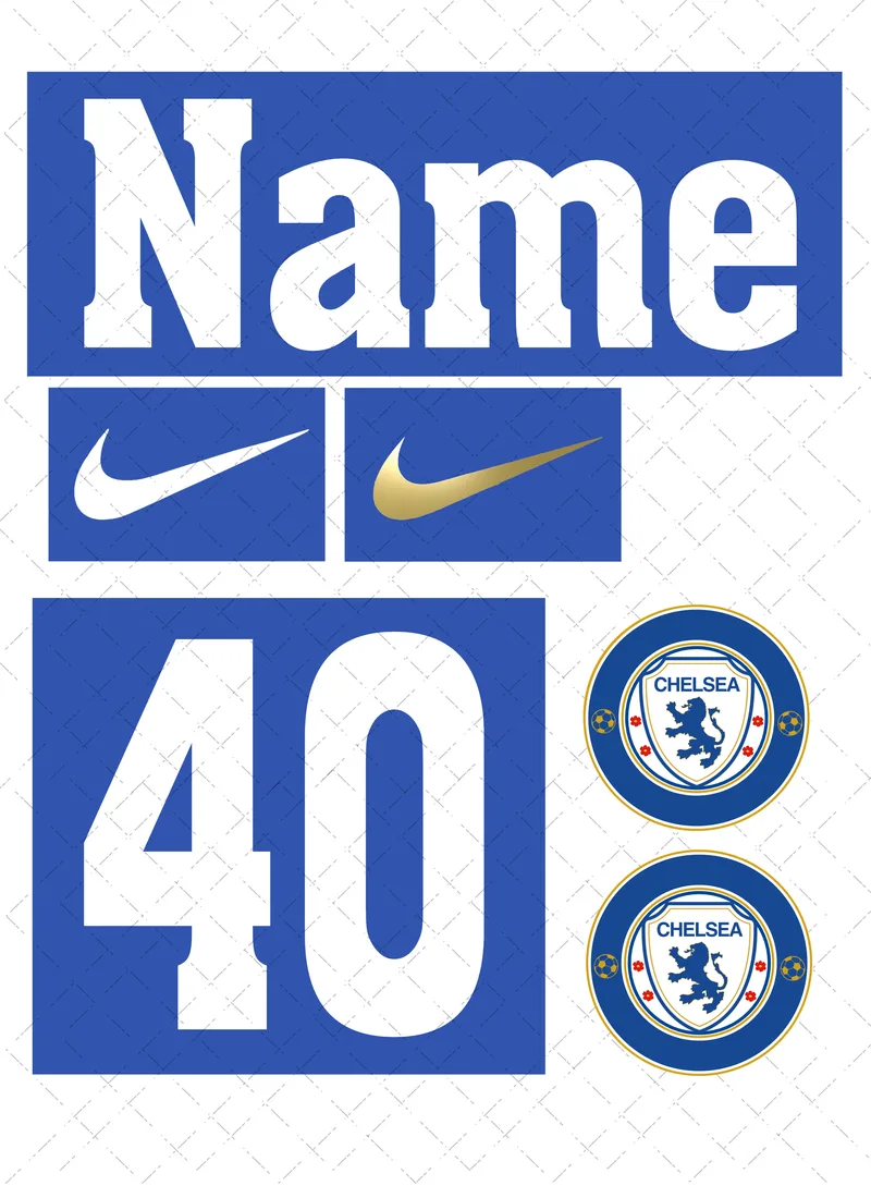 Design preview of a Chelsea-themed edible cake decorating set with a personalised name, age, sponsor-style logo and club-style badge.