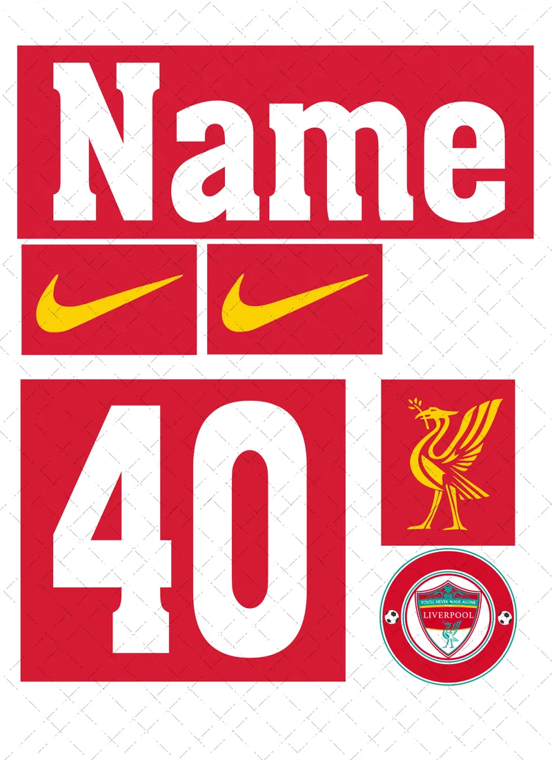 Design preview of a Liverpool-themed edible cake decorating set with a personalised name, age, sponsor-style logo and club-style badge.