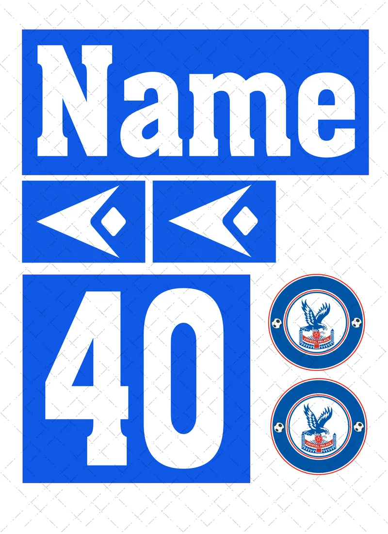 Design preview of a Crystal Palace-themed edible cake decorating set with a personalised name, age, sponsor-style logo and club-style badge.