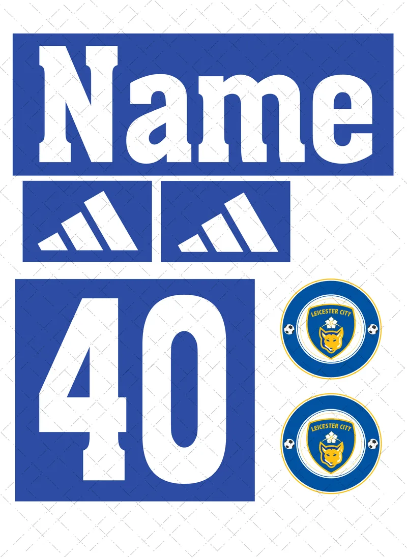 Design preview of a Leicester-themed edible cake decorating set with a personalised name, age, sponsor-style logo and club-style badge.