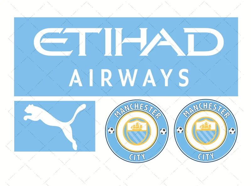 Design preview of a Manchester City-themed edible football kit cake decorating set with club-style badge and sponsor-style logo pieces.