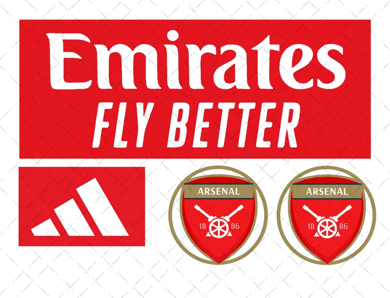 Design preview of an Arsenal-themed edible football kit cake decorating set with club-style badge and sponsor-style logo pieces.