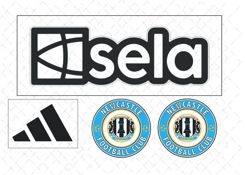 Design preview of a Newcastle-themed edible football kit cake decorating set with club-style badge and sponsor-style logo pieces.