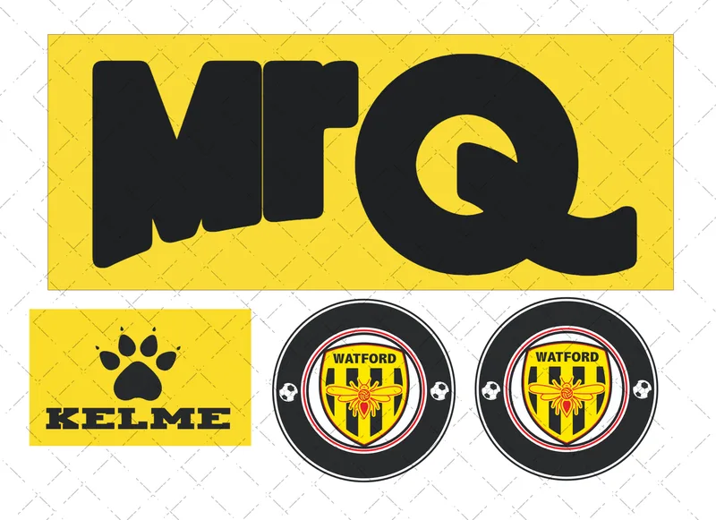 Design preview of a Watford-themed edible football kit cake decorating set with club-style badge and sponsor-style logo pieces.