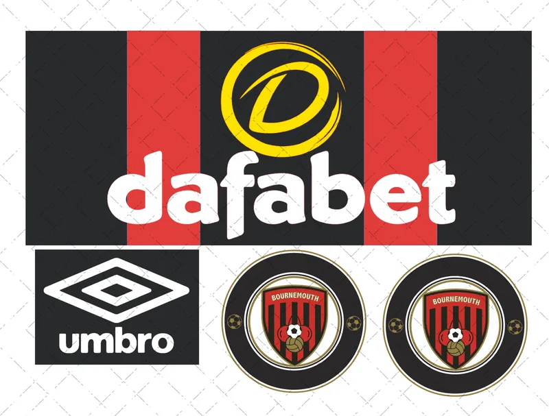 Design preview of a Bournemouth-themed edible football kit cake decorating set with club-style badge and sponsor-style logo pieces.