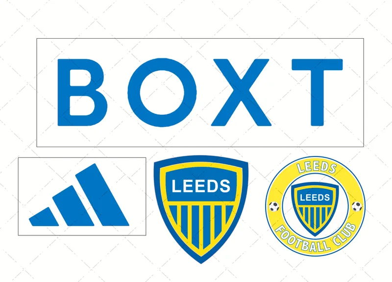 Design preview of a Leeds-themed edible football kit cake decorating set with club-style badge and sponsor-style logo pieces.