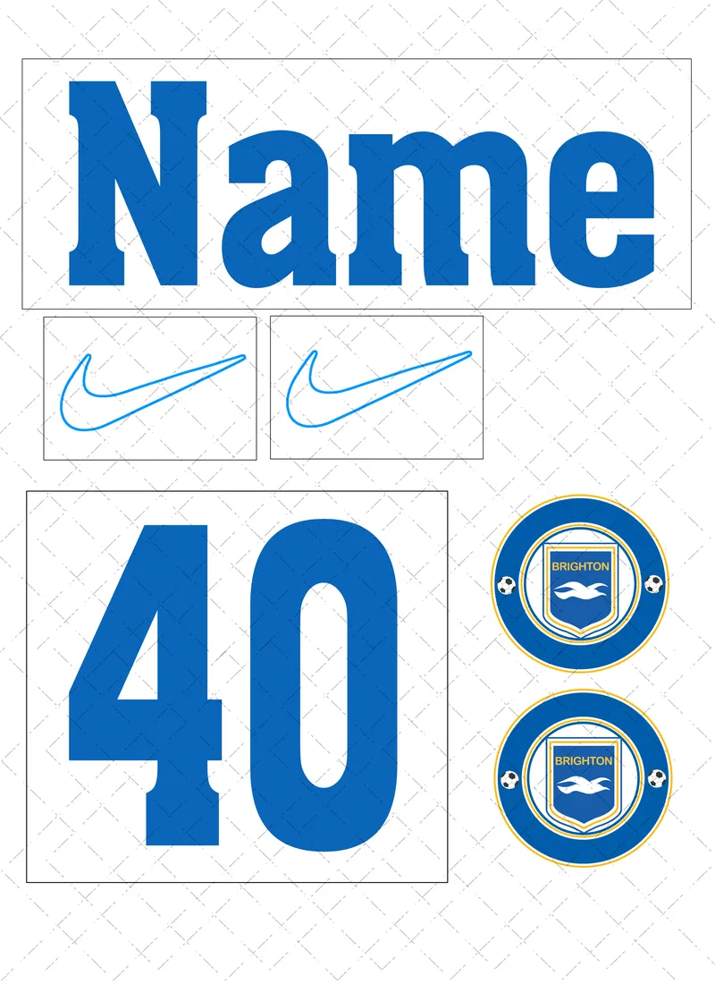 Design preview of a Brighton-themed edible cake decorating set with a personalised name, age, sponsor-style logo and club-style badge.