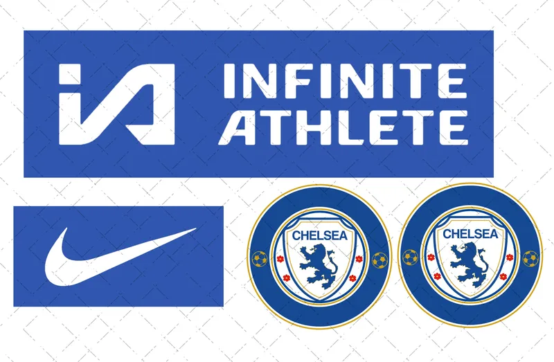 Design preview of a Chelsea-themed edible football kit cake decorating set with club-style badge and sponsor-style logo pieces.