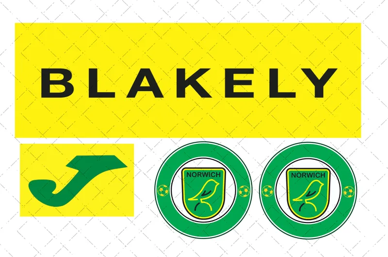 Design preview of a Norwich-themed edible football kit cake decorating set with club-style badge and sponsor-style logo pieces.