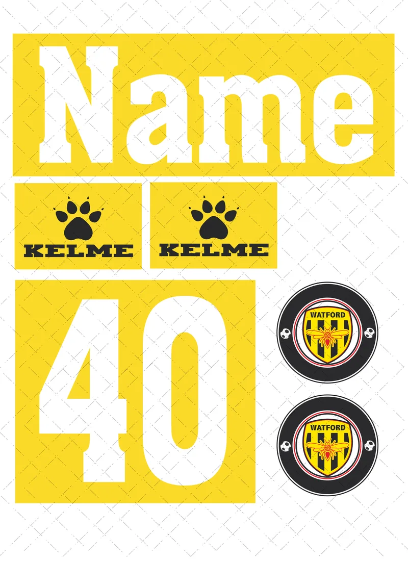 Design preview of a Watford-themed edible cake decorating set with a personalised name, age, sponsor-style logo and club-style badge.
