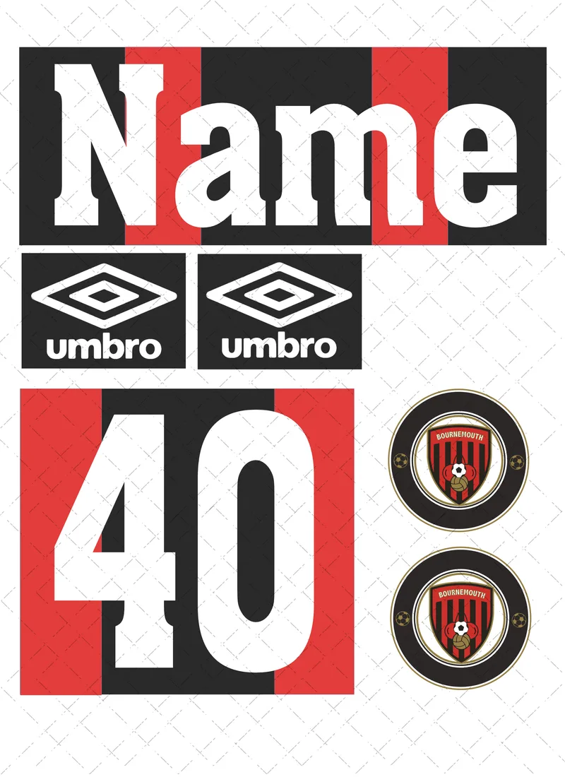 Bournemouth-themed edible football kit cake decorating set with club-style badge, sponsor-style logo, personalised name and age.