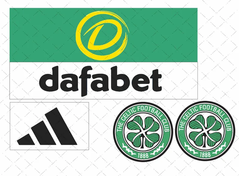 Design preview of a Celtic-themed edible football kit cake decorating set with club-style badge and sponsor-style logo pieces.
