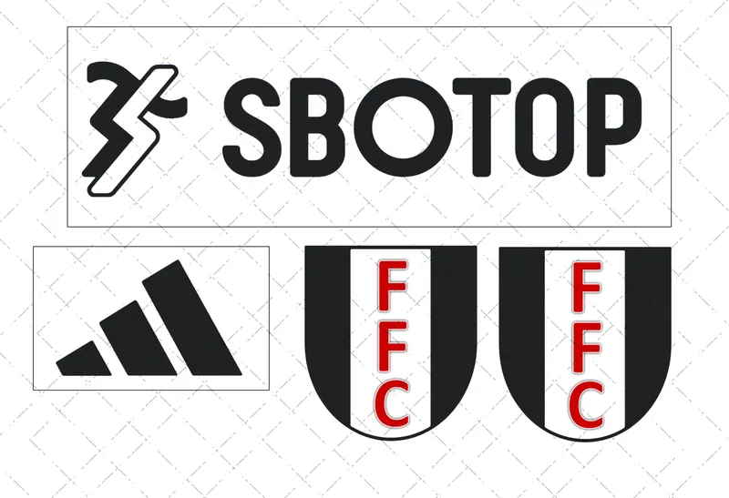 Design preview of a Fulham-themed edible football kit cake decorating set with club-style badge and sponsor-style logo pieces.
