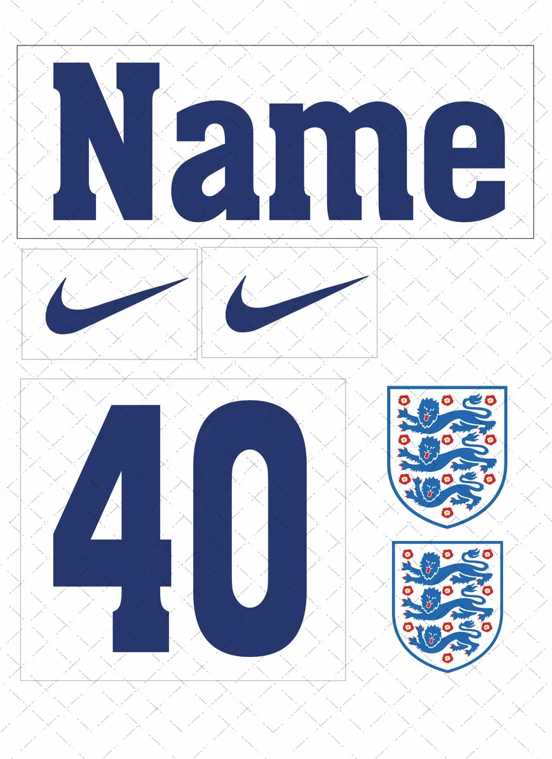 Design preview of an England-themed edible football kit cake decorating set with badge-style and sponsor-style logo pieces, personalised name and age.