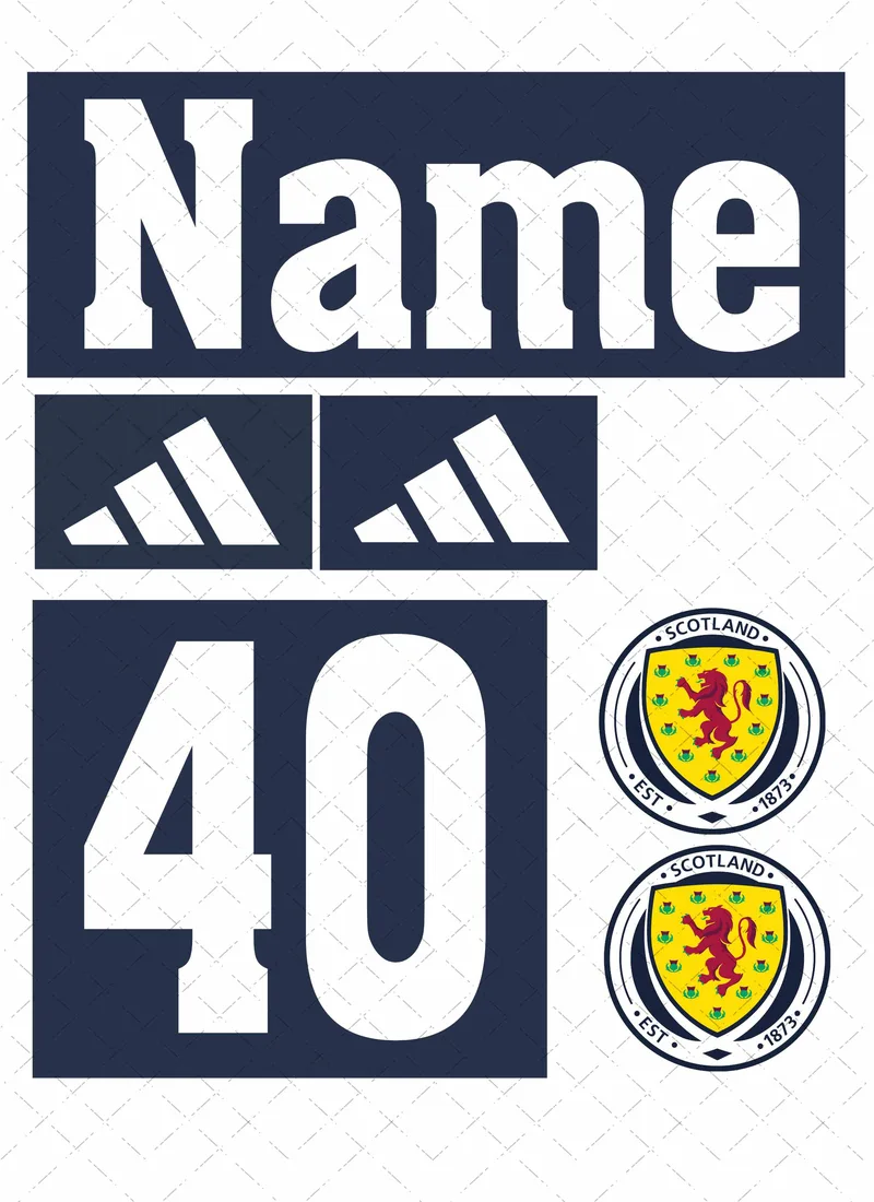 Design preview of a Scotland-themed edible football kit cake decorating set with badge-style and sponsor-style logo pieces, personalised name and age.