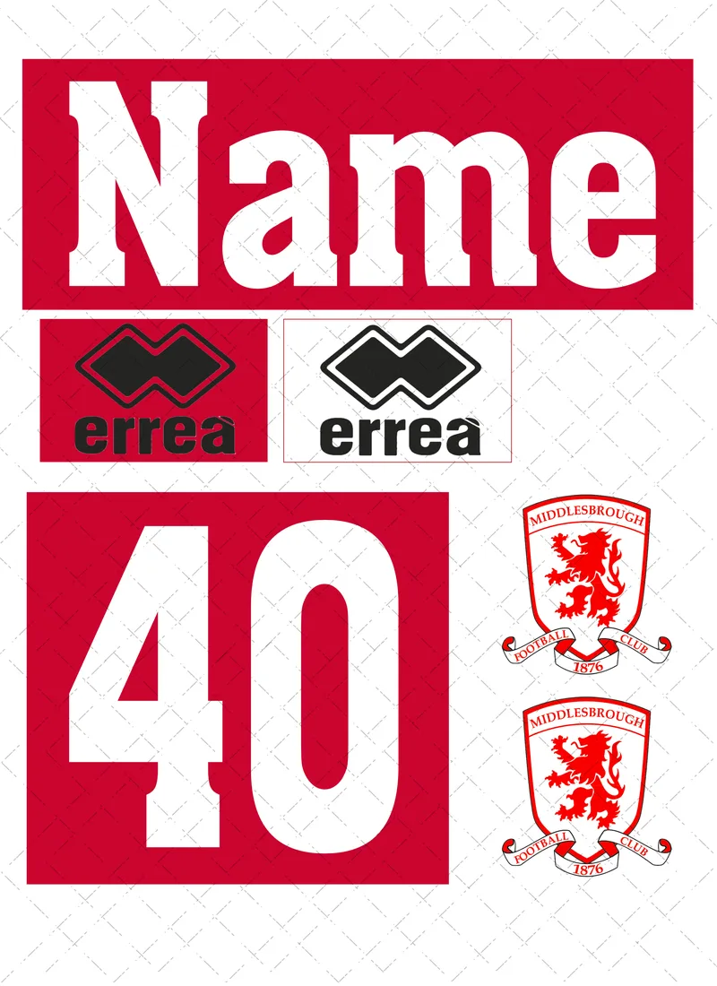 Design preview of a Middlesbrough-themed edible cake decorating set with a personalised name, age, sponsor-style logo and club-style badge.