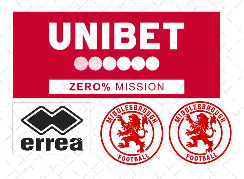 Create a Middlesbrough-themed edible cake decorating set with an original club-style badge and sponsor-style logo pieces for shirt-shaped cakes.