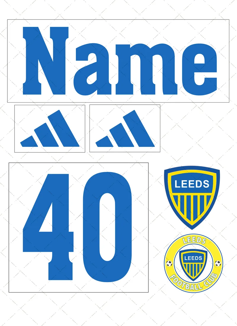 Design preview of a Leeds-themed edible cake decorating set with a personalised name, age, sponsor-style logo and club-style badge.