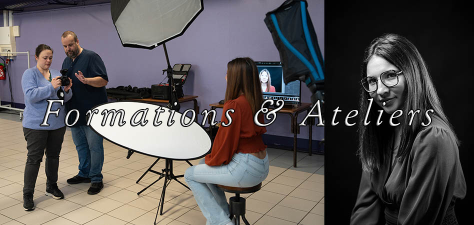 Philippe Martz explique les réglages d'un appareil photo à une stagiaire en studio lors d'un atelier à Metz, et la photo réalisée