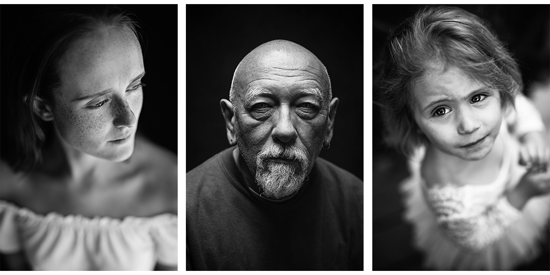 Triptyque de portraits en noir et blanc représentant une femme, un homme et une jeune fille