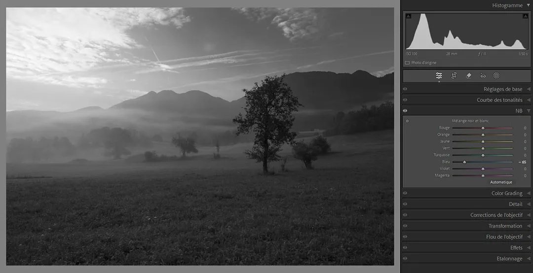 Ajustement de la luminosité des bleus dans Lightroom pour assombrir radicalement le ciel en noir et blanc