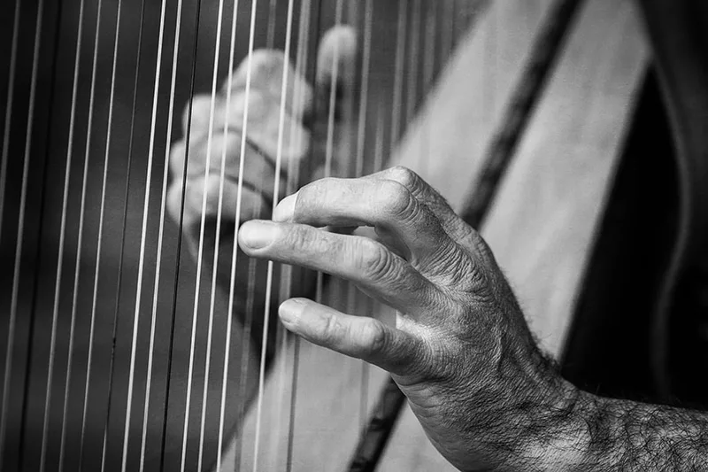 Gros plan texturé sur les mains d'un harpiste jouant de son instrument dans la rue