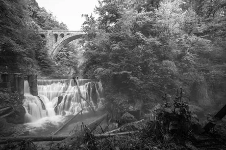 Paysage de cascade dans les Gorges de Vintgar en Slovénie développé avec un noir et blanc neutre