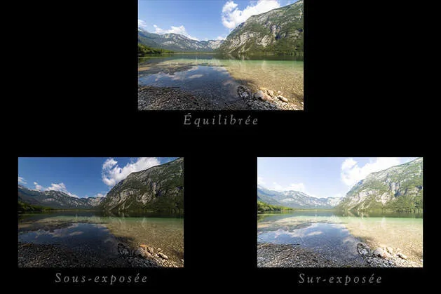 Trois variantes d'exposition d'un même paysage : sous-exposée, équilibrée et sur-exposée